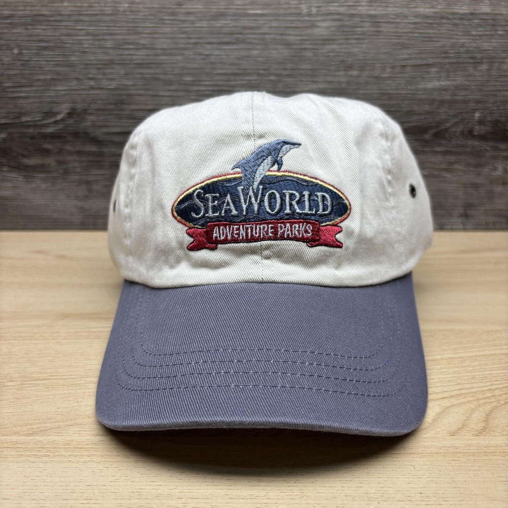Vintage SeaWorld Adventure Parks Hat Cap Strap Back Tan Dolphin Embroidered Mens